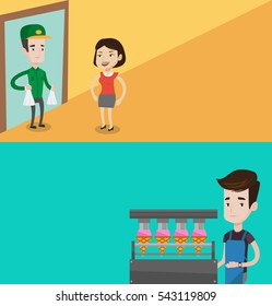 Dos banderas industriales con espacio para el texto. Diseño plano vectorial. Diseño horizontal. Trabajador de la fabricación de helados. Trabajador de fábrica produciendo helado. Hombre trabajando en la línea de producción de helados.