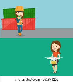 Two industrial banners with space for text. Vector flat design. Horizontal layout. Caucasian woman controlling delivery drone with post package. Young woman getting post package from delivery drone.