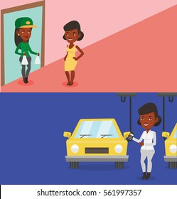 Two industrial banners with space for text. Vector flat design. Horizontal layout. Young african-american engineer at work on car factory. Worker controlling modern automated assembly line for cars.