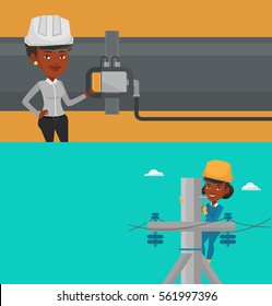 Two industrial banners with space for text. Vector flat design. Horizontal layout. African electrician in hard hat working on electric power pole. Young electrician at work on electric power pole.