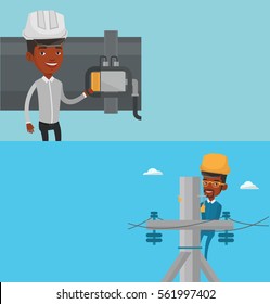 Two industrial banners with space for text. Vector flat design. Horizontal layout. Young african electrician in hard hat working on electric power pole. Electrician at work on electric power pole.