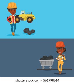 Two industrial banners with space for text. Vector flat design. Horizontal layout. Miner checking documents with the flashlight on the background of trolley with coal. Miner working at coal mine.
