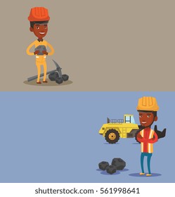 Two industrial banners with space for text. Vector flat design. Horizontal layout. Miner in hard hat holding coal in hands. Miner with a pickaxe. Miner working at coal mine in front of a big excavator