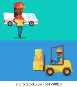 Dos banderas industriales con espacio para el texto. Diseño plano vectorial. Diseño horizontal. Caja de retención de mensajeros afroamericanos en el fondo de un camión. Correo de entrega con caja de cartón.