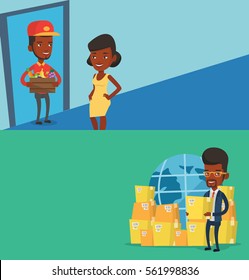 Dos banderas industriales con espacio para el texto. Diseño plano vectorial. Diseño horizontal. Hombre de entrega entregando pedido de compra en línea. Joven recibiendo comestibles de un parto en casa.