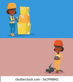 Two industrial banners with space for text. Vector flat design. Horizontal layout. African warehouse worker scanning barcode on box. Warehouse worker in hard hat checking barcode of box with a scanner