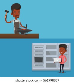 Dos banderas industriales con espacio para el texto. Diseño plano vectorial. Diseño horizontal. Ingeniero africano con laptop trabajando en sala de servidores de red. Joven ingeniero de redes usando laptop en la sala de servidores.