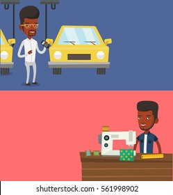Two industrial banners with space for text. Vector flat design. Horizontal layout. worker of car factory. Man at work on car factory. Man controlling automated assembly line for cars. Car production.