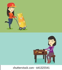 Dos banderas industriales con espacio para el texto. Diseño plano vectorial. Diseño horizontal. Postman asiático con cajas de cartón en el carro. Joven cartero de parto empujando el carrito con cajas de cartón.