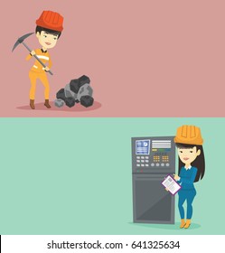 Dos banderas industriales con espacio para el texto. Diseño plano vectorial. Diseño horizontal. Ingeniero asiático con portapapeles parado frente al panel de control. El joven trabajador presiona el botón en el panel de control.