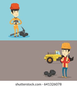 Two industrial banners with space for text. Vector flat design. Horizontal layout. Asian miner in hard hat standing on the background of a big excavator. Miner in helmet standing with crossed arms.