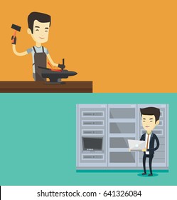 Two industrial banners with space for text. Vector flat design. Horizontal layout. Asian network engineer with laptop working in network server room. Young network engineer using laptop in server room