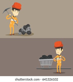 Dos banderas industriales con espacio para el texto. Diseño plano vectorial. Diseño horizontal. Minero con sombrero duro trabajando con un pickaxe. Minero en la mina de carbón. Miner revisando documentos con la linterna.