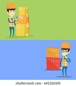 Two industrial banners with space for text. Vector flat design. Horizontal layout. Port worker talking on wireless radio. Port worker standing on container background. Port worker using wireless radio