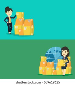 Two industrial banners with space for text. Vector flat design. Horizontal layout. Asian business woman checking boxes in warehouse. Young business woman preparing goods for dispatch in warehouse.