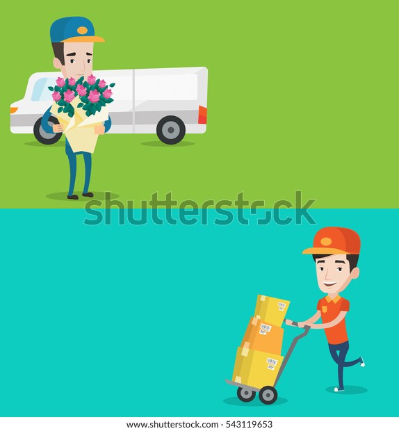 Two industrial banners with space for text.\
Vector flat design. Horizontal layout. Delivery courier with\
bouquet of flowers. Delivery man holding bouquet of flowers.\
Delivery man delivering\
flowers.