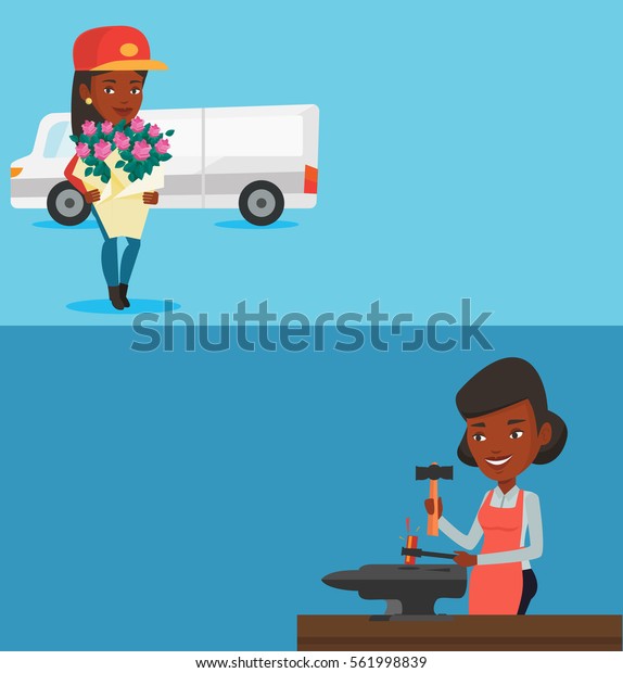Two industrial banners with space for text.\
Vector flat design. Horizontal layout. African courier standig with\
flowers on the background of delivery truck. Delivery courier\
holding bouquet of flowers
