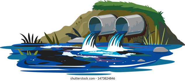 Two industrial pipes discharge wastewater into the pond isolated, ecological disaster, dirty toxic effluents, environmental pollution, metal pipes on the shore releases toxic waste into the river