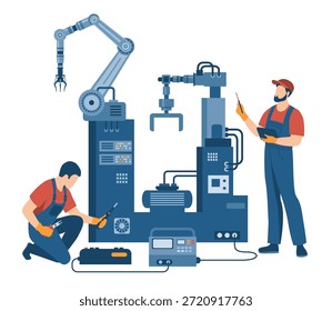 Dos técnicos industriales que realizan diagnósticos y mantenimiento de brazos robóticos industriales en una fábrica. Concepto de mantenimiento industrial, automatización y Asistencia técnica.