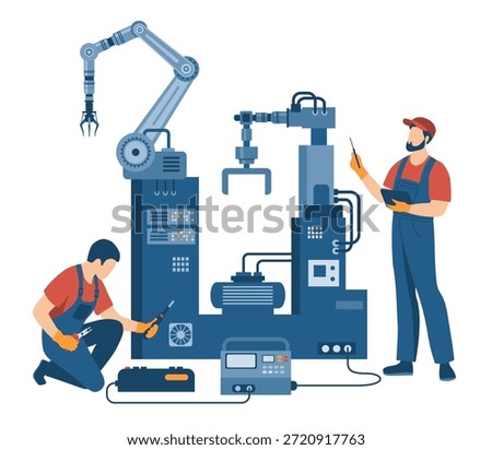 Two industrial technicians performing diagnostics and maintenance of industrial robotic arms in a factory. Concept of industrial maintenance, automation and technical support.