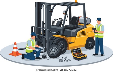 Two industrial technicians repairing a forklift wheel with safety equipment and tools on isolated platform during routine warehouse maintenance