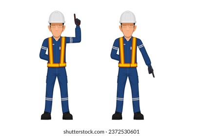 Two industrial worker are pointing up and pointing down