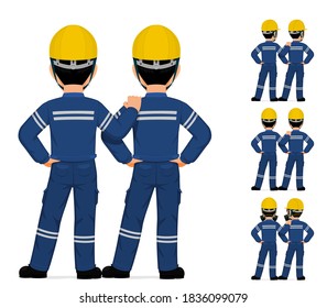 Two industrial worker standing together on white background