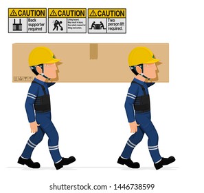 Two industrial workers are carrying a big paper crate
