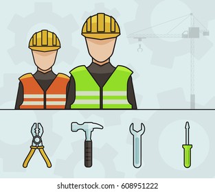 Two Industrial Workers with Cranes and Tools - Vector illustration Design