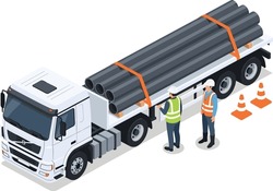 Two industrial workers inspecting and securing large steel pipes on a flatbed truck for transportation safety at a construction site isometric