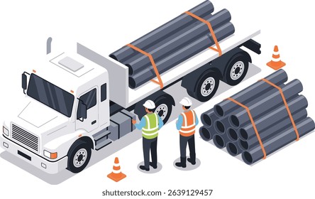 Two industrial workers inspecting and securing large steel pipes on a flatbed truck for transportation safety at a construction site isometric
