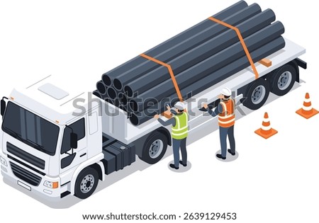 Two industrial workers inspecting and securing large steel pipes on a flatbed truck for transportation safety at a construction site isometric