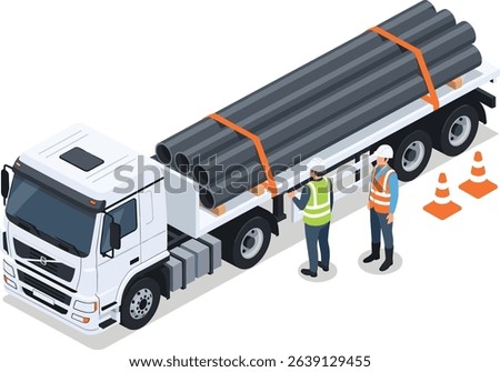 Two industrial workers inspecting and securing large steel pipes on a flatbed truck for transportation safety at a construction site isometric