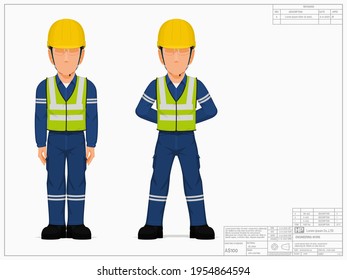 Two industrial workers in the position of sanding attention and parade rest.