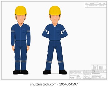 Two industrial workers in the position of sanding attention and parade rest.