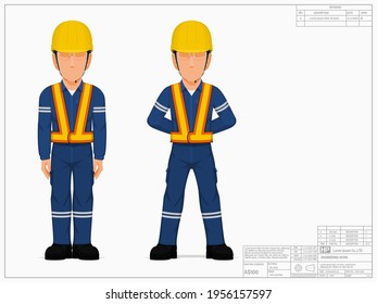 Two industrial workers in the position of sanding attention and parade rest.