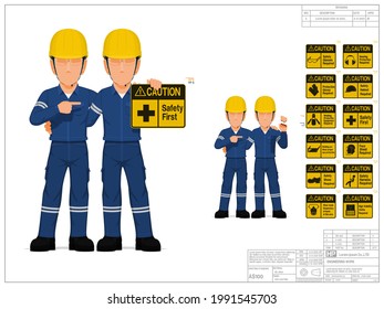 Two industrial workers are presenting warning sign on white background