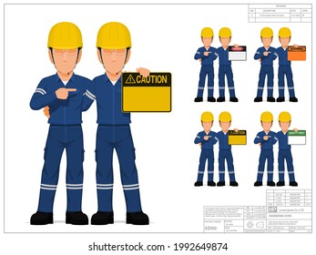 Two industrial workers are presenting warning sign on white background