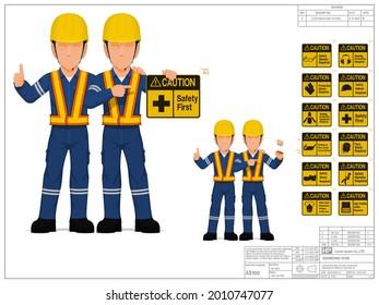 Two industrial workers are presenting warning sign on white background