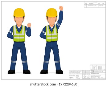Two industrial workers are raising his clenched fist