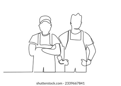 two industrial workers in uniform working professional posing line art