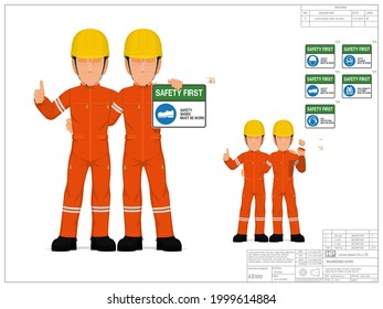 Two industrial workers-hold safety sign (blue)