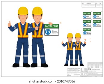 Two industrial workers-hold safety sign (blue)