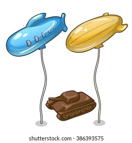 Two inflatable balloon in the form of an airship and a tank made of chocolate. Vector illustration.