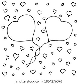 Dos globos inflables sobre cuerdas en forma de corazón sobre un fondo de muchos corazones pequeños. Ilustración de dibujo manual. Estilo Doodle.