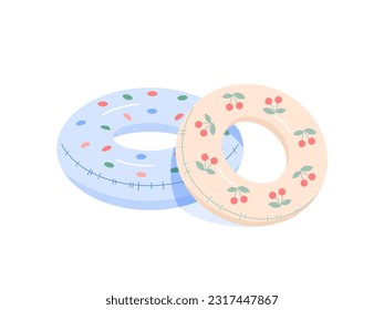 Two inflatable rings in delicate pastel colors with cherry pattern, polka dots. Vector illustration of circles for kids for swimming in sea, pool, bathroom in flat style on white isolated background.