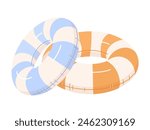 Two inflatable rings lying on top of each other, pastel trendy colors with stripes for swimming in sea on beach. Cute vector illustration on white isolated background in flat style.