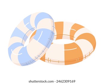 Two inflatable rings lying on top of each other, pastel trendy colors with stripes for swimming in sea on beach. Cute vector illustration on white isolated background in flat style.