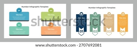 Two infographic templates show four steps numbered 1 to 4 with icons, title areas, and text descriptions, suitable for business presentations and reports.
