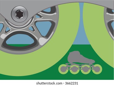 Two inline speedskating wheels; a complete skate visible between the two big wheels.